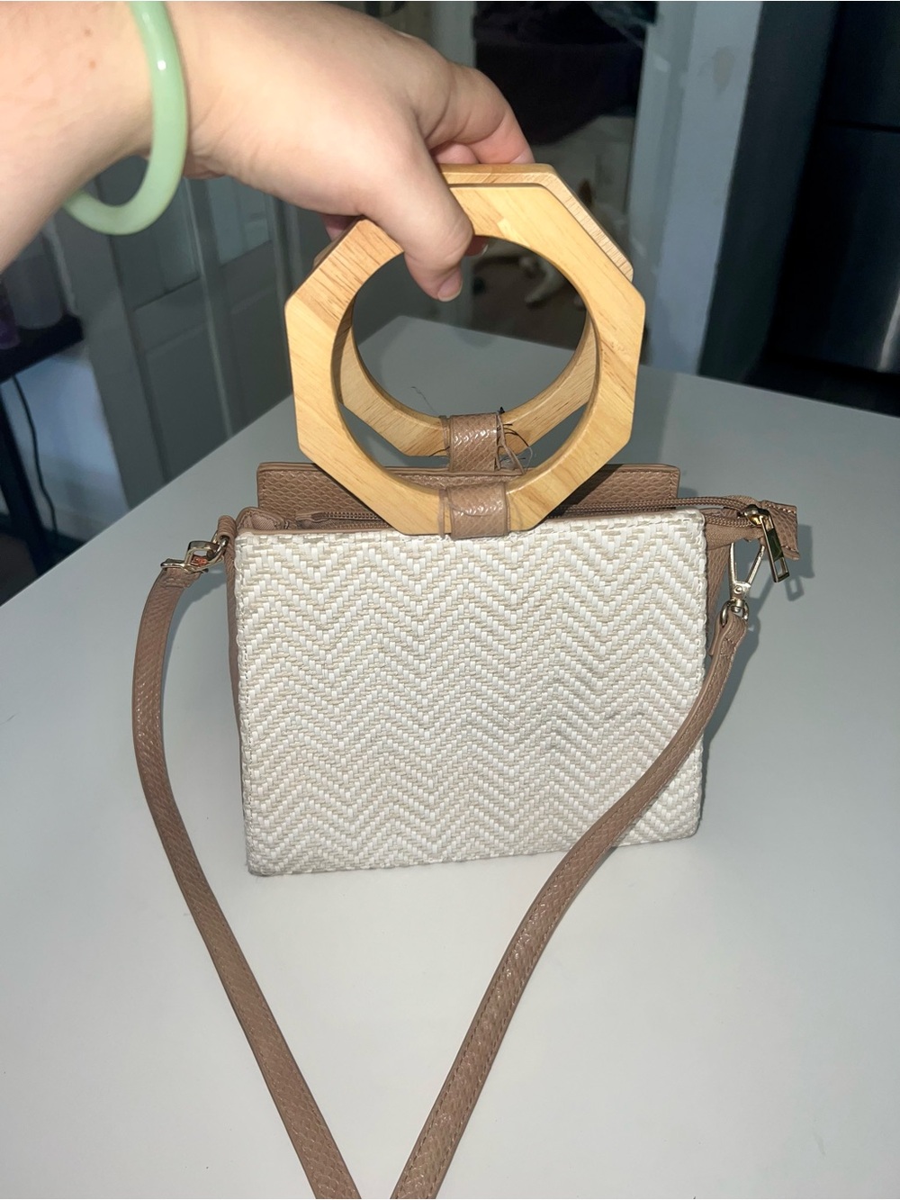 Fashion Nova Cream Woven Mini Bag with Wooden Octagon Handle